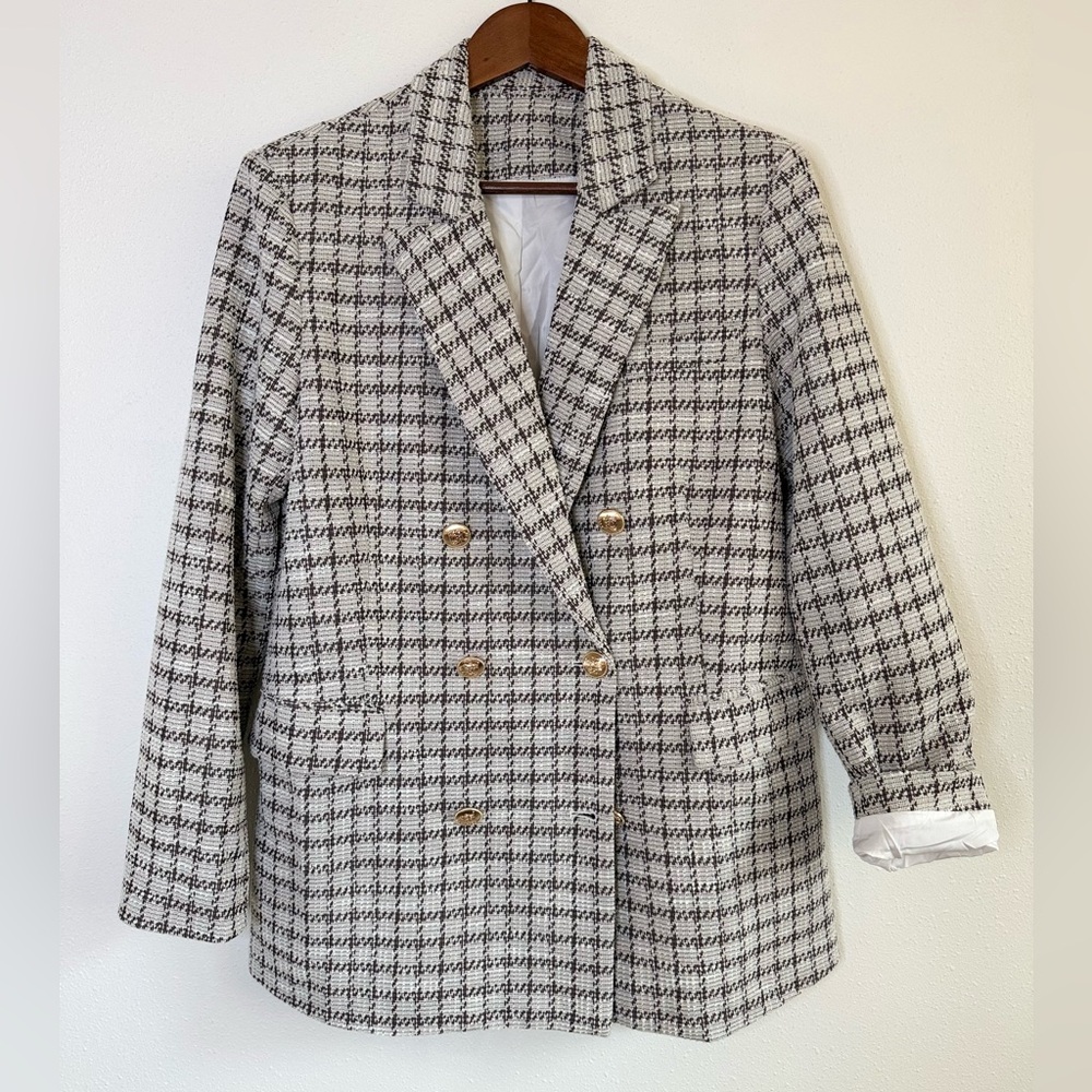 Women’s Tweed Plaid Double Breasted Blazer Gold Button Jacket Size M